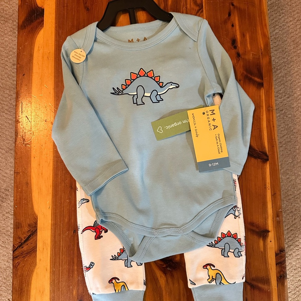 M+A Organic 9-12 month Dinosaur Matching Set - Blue and White